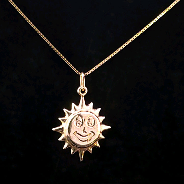 10K Real Gold Hollow Smiling Sun Pendant/Charm with Box Chain