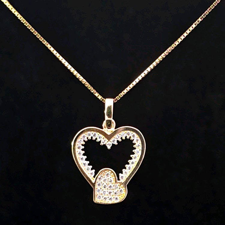 10K Real Gold Elegant Double Heart Pendant/ Charm With Box Chain