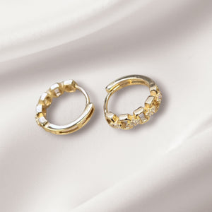 10K Real Gold Link Design CZ Hoop Earrings