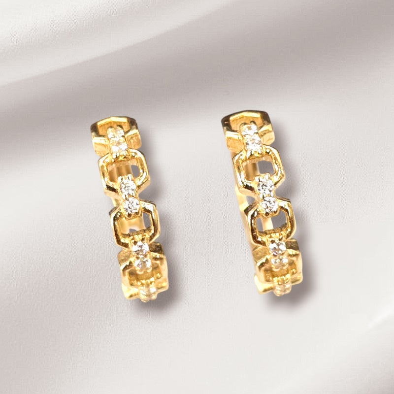 10K Real Gold Link Design CZ Hoop Earrings