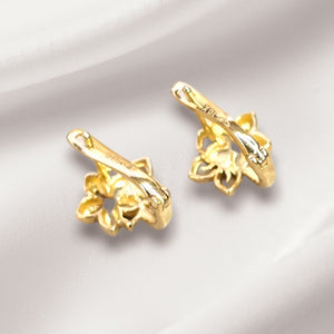 10K Real Gold Double Flower Pattern Small Earrings With French Clip