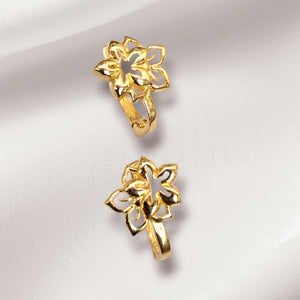 10K Real Gold Double Flower Pattern Small Earrings With French Clip