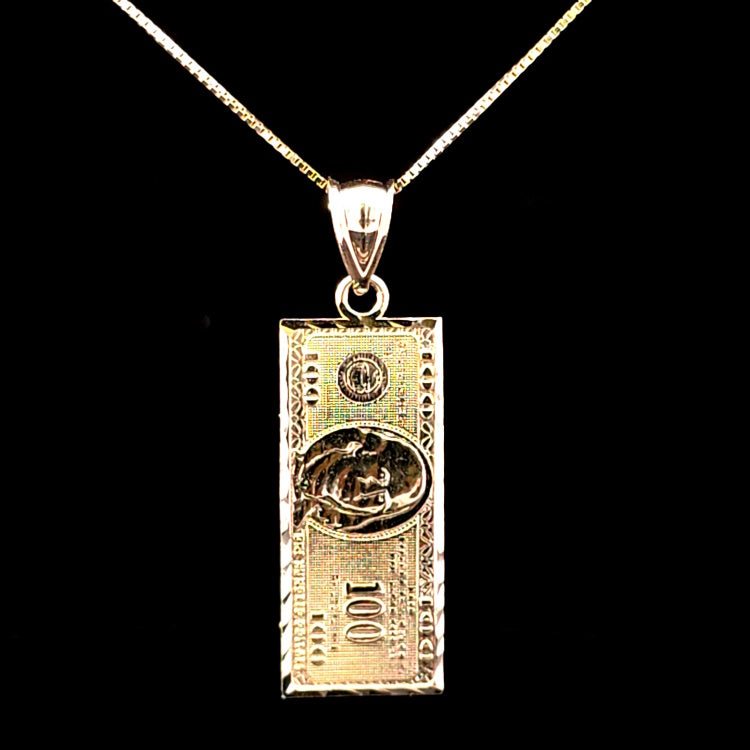 10K Real Gold Small Hundred (100) Dollar Bill Charm With Box Chain