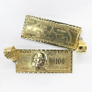 10K Real Gold Medium Hundred (100) Dollar Bill Charm With Rope Chain