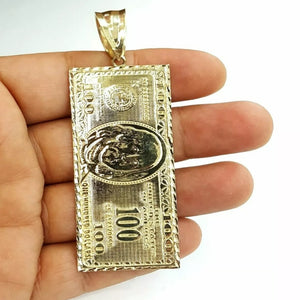 10K Real Gold Medium Hundred (100) Dollar Bill Charm With Rope Chain