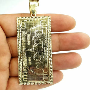 10K Real Gold Medium Hundred (100) Dollar Bill Charm With Rope Chain