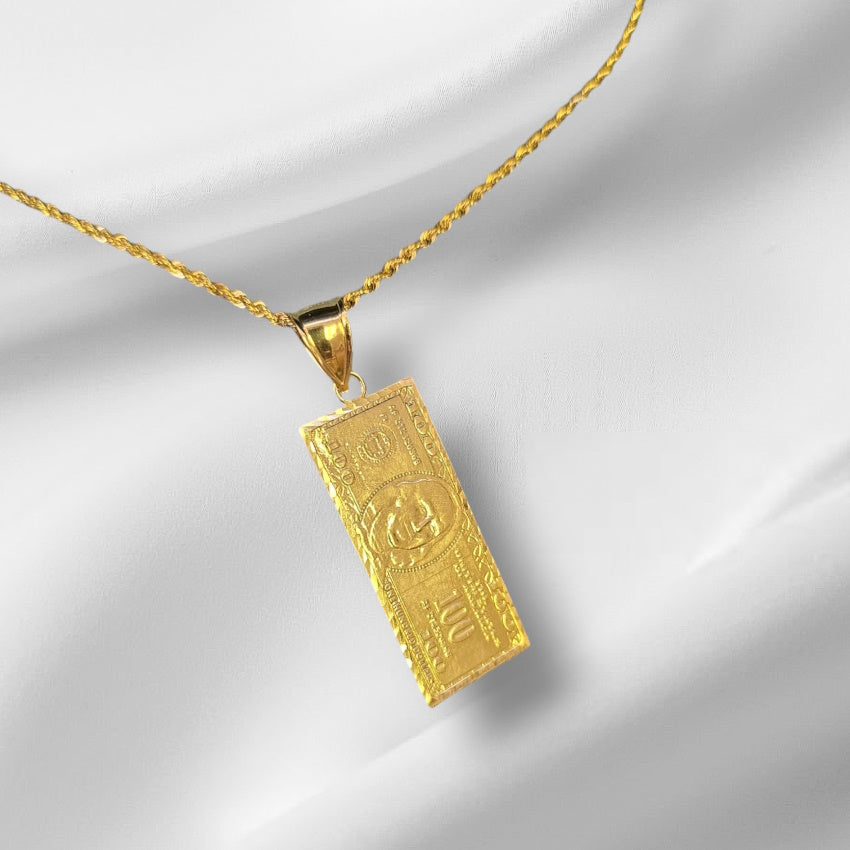 10K Real Gold Medium Hundred (100) Dollar Bill Charm With Rope Chain