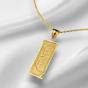 10K Real Gold Medium Hundred (100) Dollar Bill Charm With Rope Chain