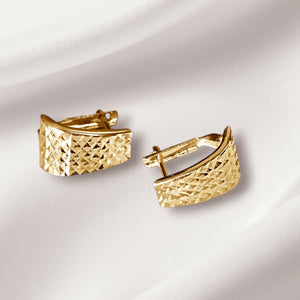 10K Real Gold Square Pattern Earrings With French Clip