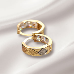 10K Real Gold Tri Color Triangle Pattern With Backside CZ Hoop Earrings