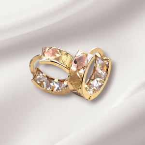 10K Real Gold Tri Color Triangle Pattern With Backside CZ Hoop Earrings