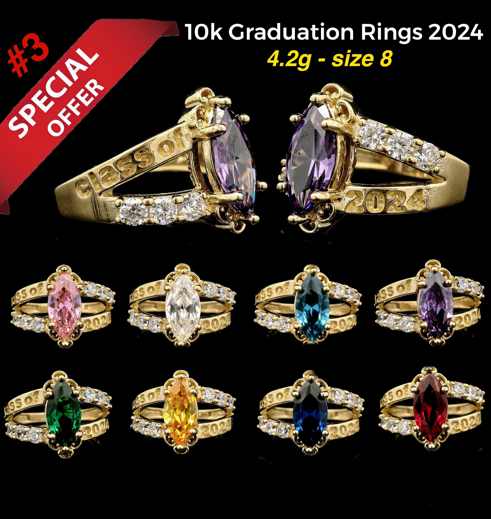 10k Real Gold Class 2024 Graduation Oval Color CZ Ring