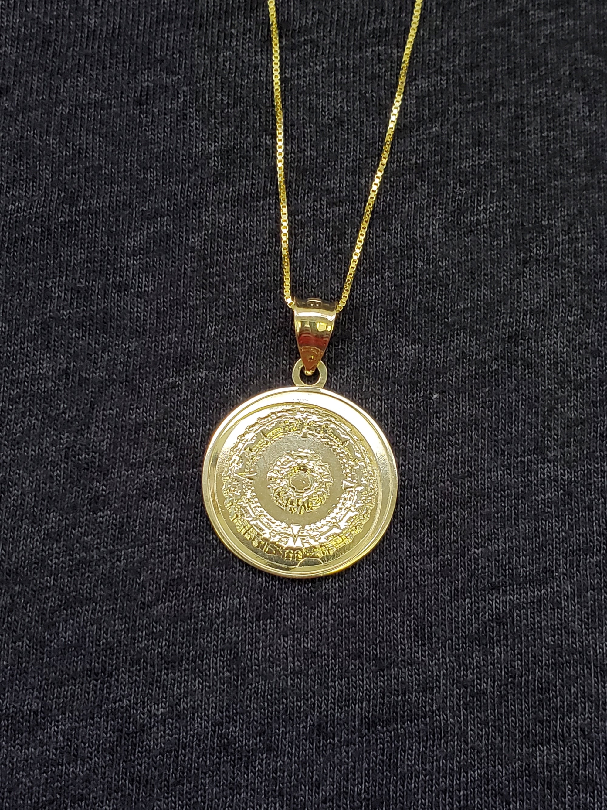 10K Solid Real Yellow Gold Mexican Aztec Calendar Pendant Charm with Box Chain