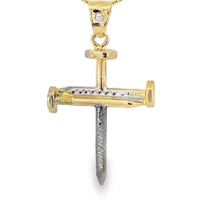 10K Solid Real Yellow & White Gold Cz in Bell Cross Pendant Charm with Box Chain