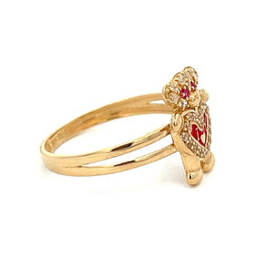 10K Real Gold CZ Teddy Bear With Red Heart Ring (Size 7)