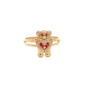 10K Real Gold CZ Teddy Bear With Red Heart Ring (Size 7)