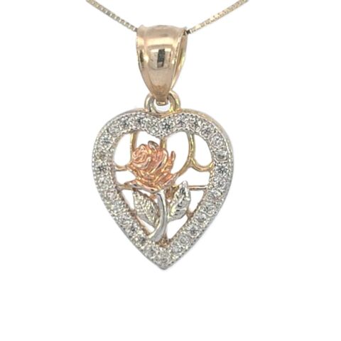 10K Real Gold TC CZ Rose Flower with Leaves In Heart Charm with Box Chain