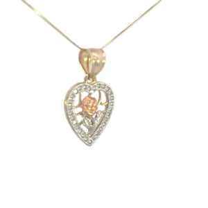 10K Real Gold TC CZ Rose Flower with Leaves In Heart Charm with Box Chain