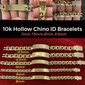 Real 10K Hollow Chino ID Bracelets 8mm, 10mm & 12.5