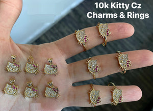 10K Real Gold CZ KITTY Charm with Box Chain & RING.