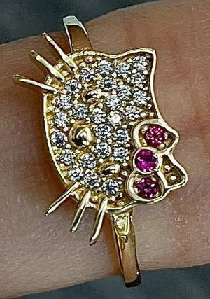 10K Real Gold CZ KITTY Charm with Box Chain & RING.