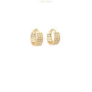 14K Real Gold DC-CZ 3-Row Hoop Earrings