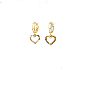 14K Real Gold CZ Dangle Heart Hoop Earrings