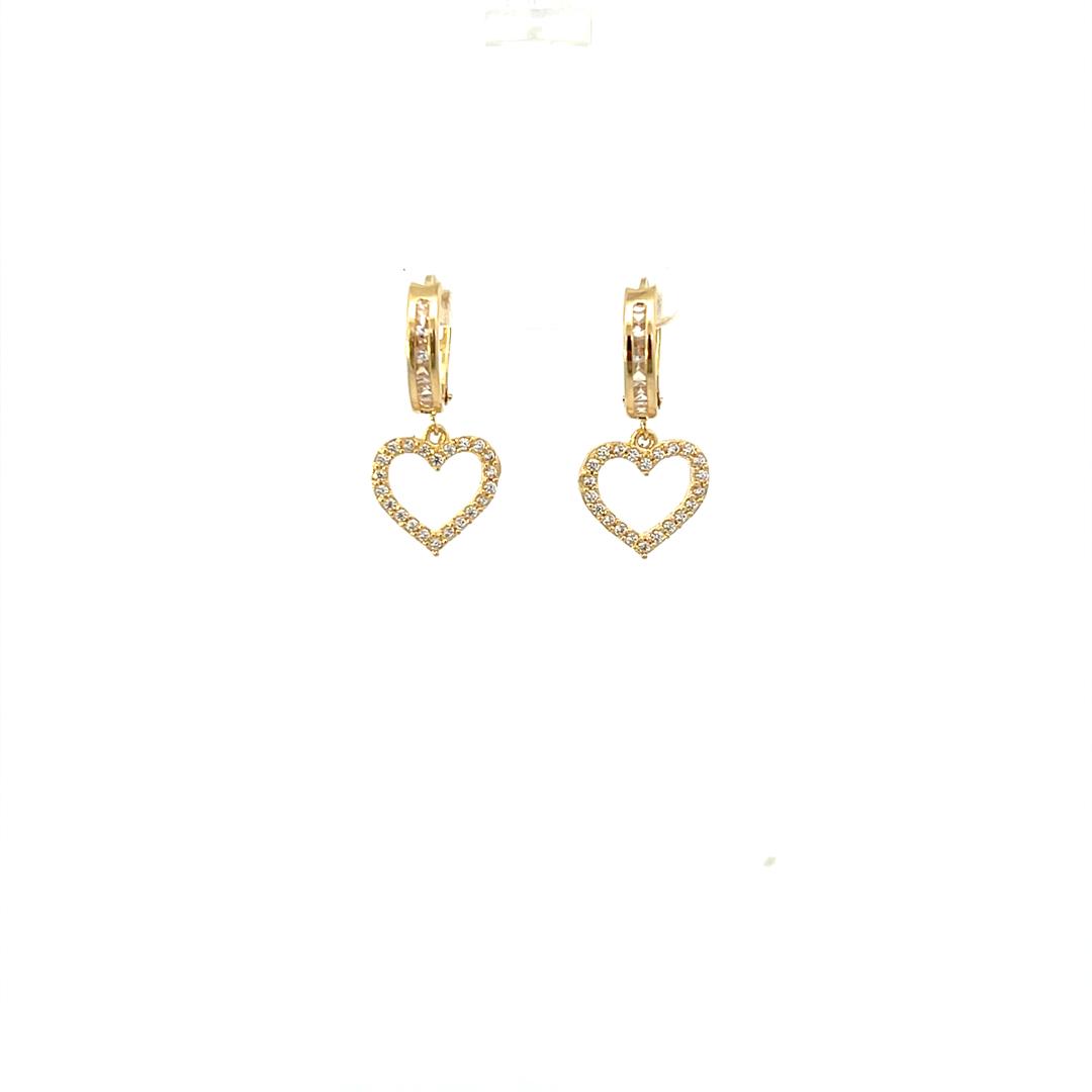 14K Real Gold CZ Dangle Heart Hoop Earrings