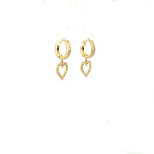 14K Real Gold CZ Dangle Heart Hoop Earrings