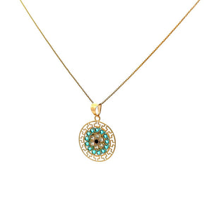 10K Real Gold Blue CZ Round Flower Greek Design Charm/ Pendant With Box Chain