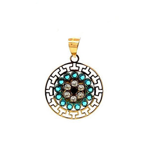 10K Real Gold Blue CZ Round Flower Greek Design Charm/ Pendant With Box Chain