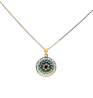 10K Real Gold Blue CZ Round Flower Greek Design Charm/ Pendant With Box Chain