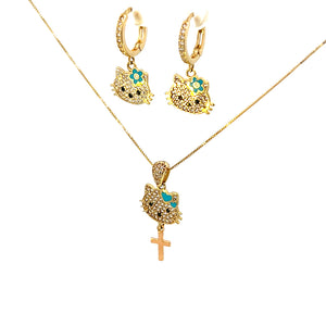 10K Real Gold Key Style Blue Cat Face Set/ Charm/ Earrings