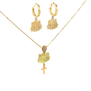 10K Real Gold Key Style Blue Cat Face Set/ Charm/ Earrings