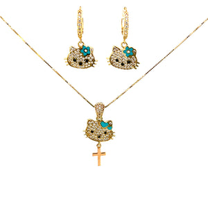 10K Real Gold Key Style Blue Cat Face Set/ Charm/ Earrings