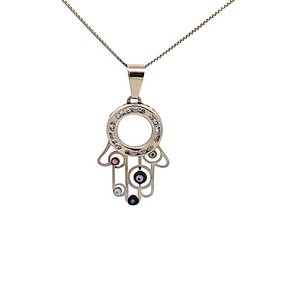 10k Yellow Gold Fancy CZ Hamsa with Multiple Evil Eye with Box Chain