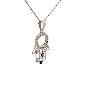 10k Yellow Gold Fancy CZ Hamsa with Multiple Evil Eye with Box Chain