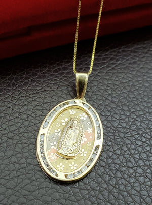 10K Solid Real Yellow Gold Mother Mary Oval CZ Small Pendant Charm with Box Chain