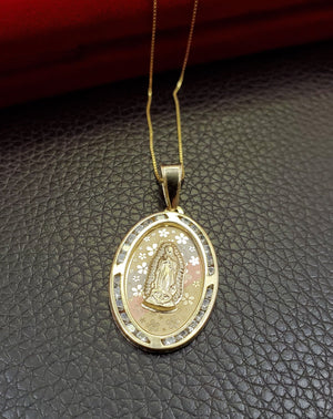 10K Solid Real Yellow Gold Mother Mary Oval CZ Small Pendant Charm with Box Chain