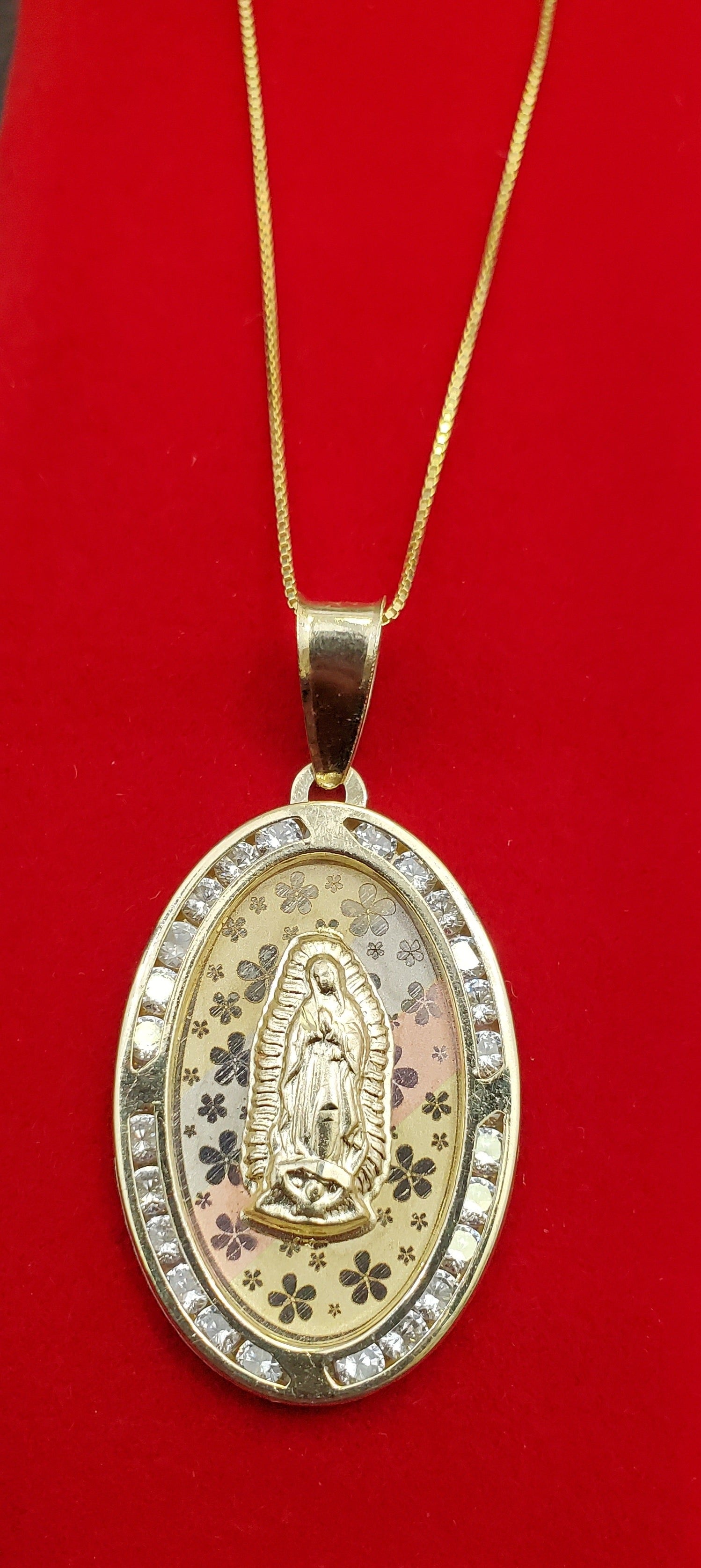 10K Solid Real Yellow Gold Mother Mary Oval CZ Medium Pendant Charm with Box Chain