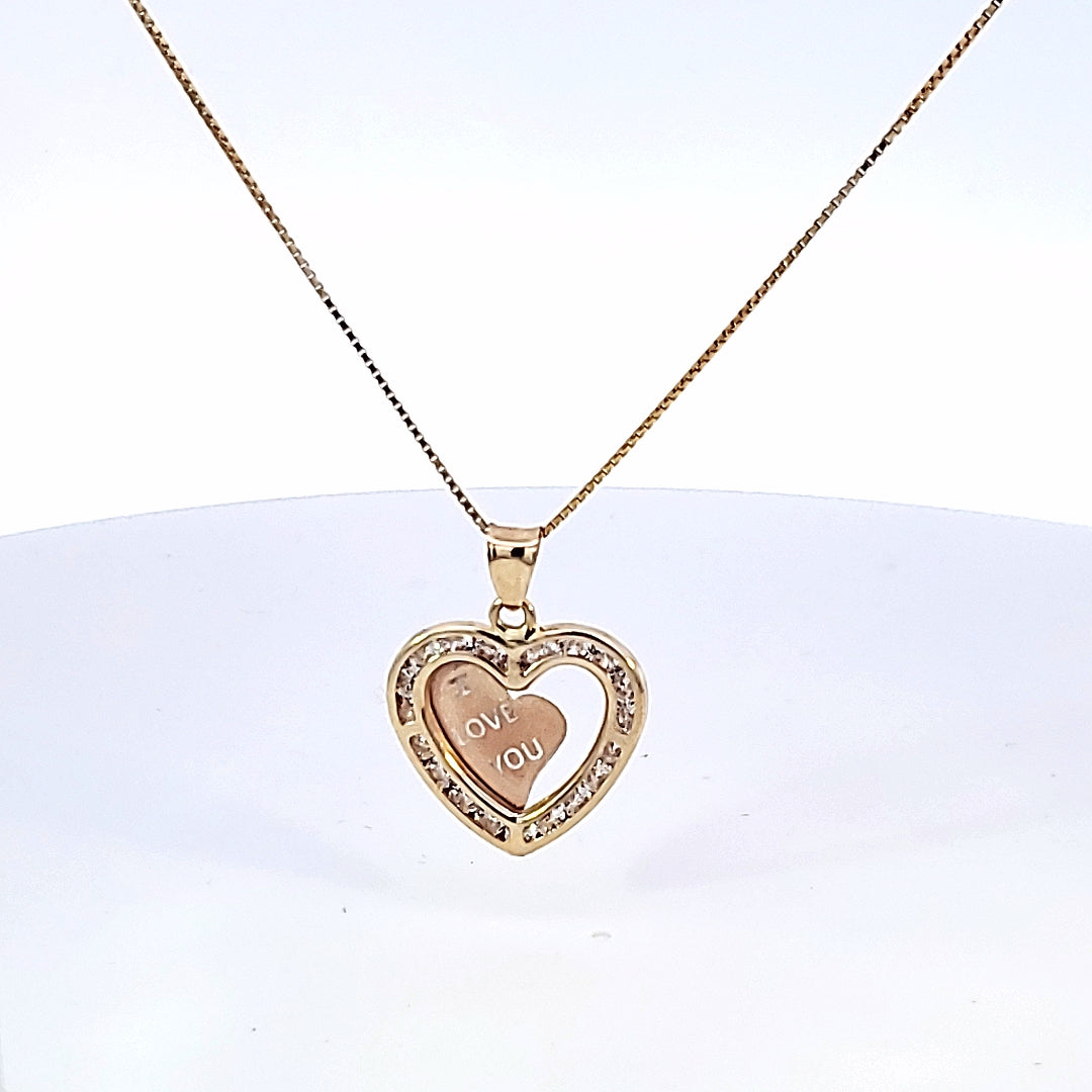 10K Solid Real Yellow Gold I love You Cz Heart Pendant Charm with Box Chain