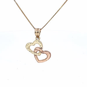 10K Solid Rose and Yellow Gold Twin Heart Charm with Box Chain