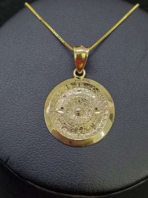 10K Solid Real Yellow Gold Mexican Aztec Calendar Pendant Charm with Box Chain