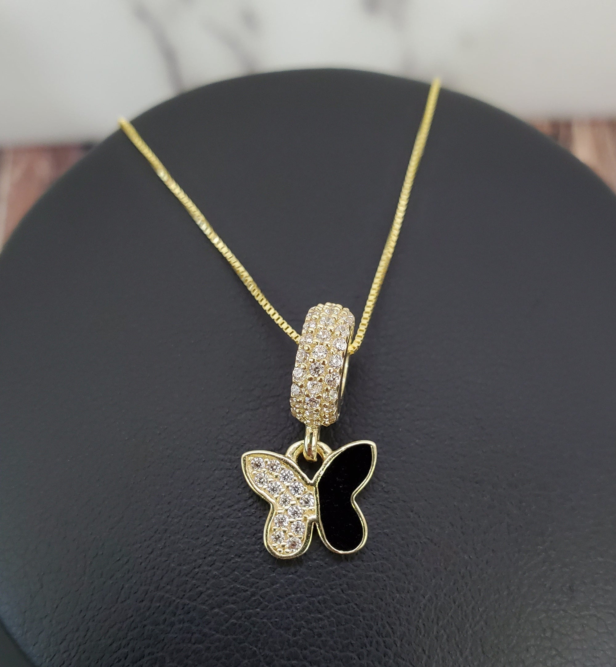 10K Solid Real Yellow Gold Cz Butterfly Pendant Charm with Box Chain