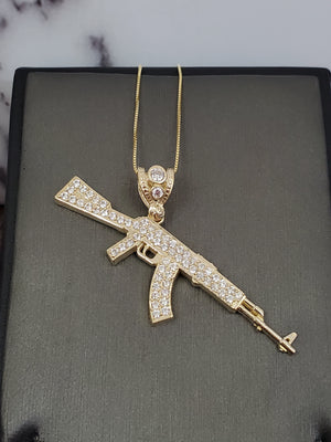 10K Solid Real Yellow Gold Cz Gun Pendant Charm with Box Chain