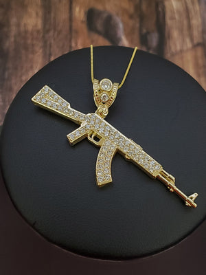 10K Solid Real Yellow Gold Cz Gun Pendant Charm with Box Chain