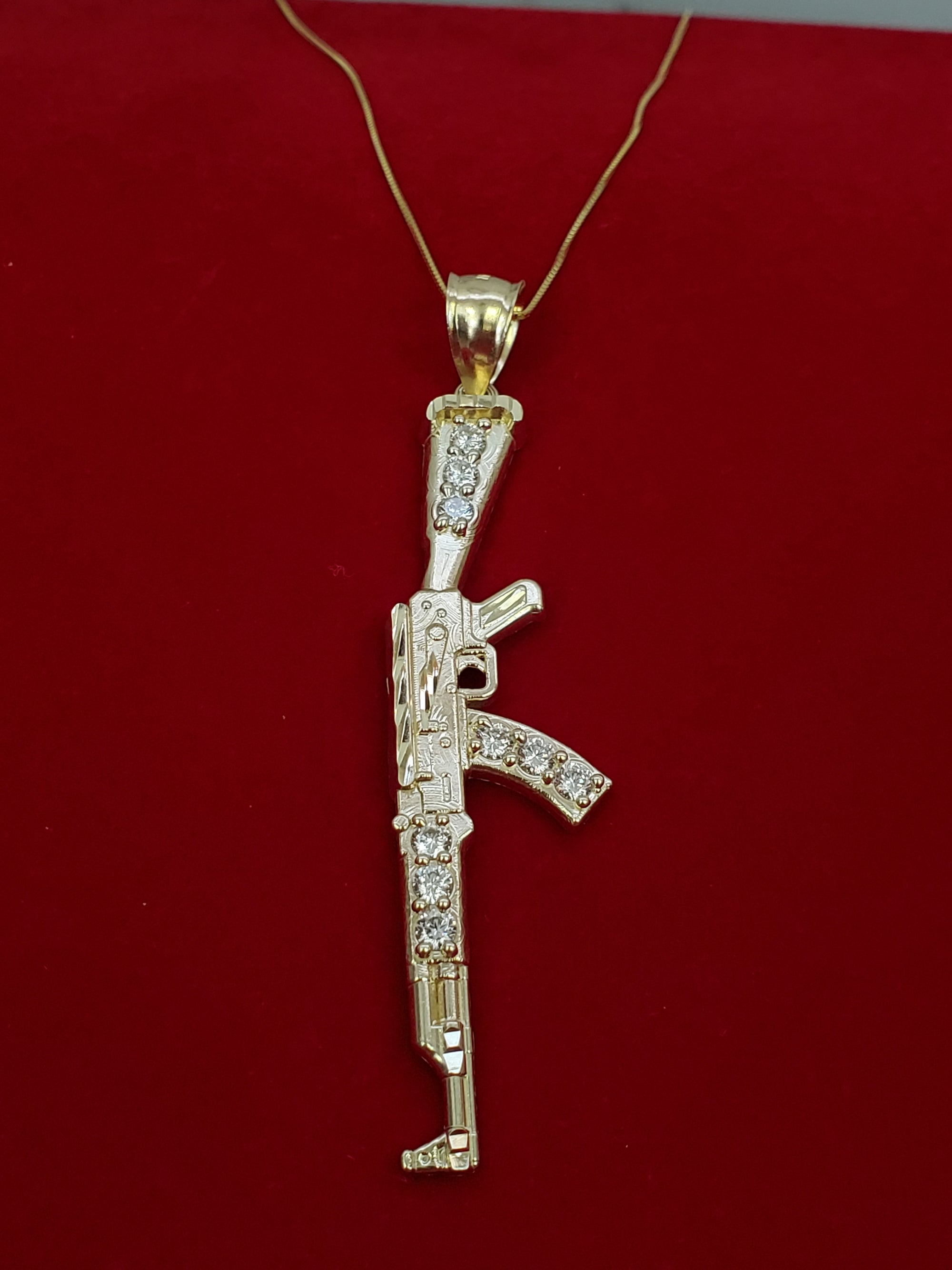 10K Solid Real Yellow Gold Cz Gun Pendant Charm with Box Chain