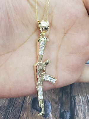 10K Solid Real Yellow Gold Cz Gun Pendant Charm with Box Chain