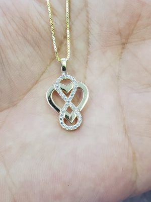 10K Solid Real Yellow Gold Heart Cz Infinity Pendant Charm with Box Chain