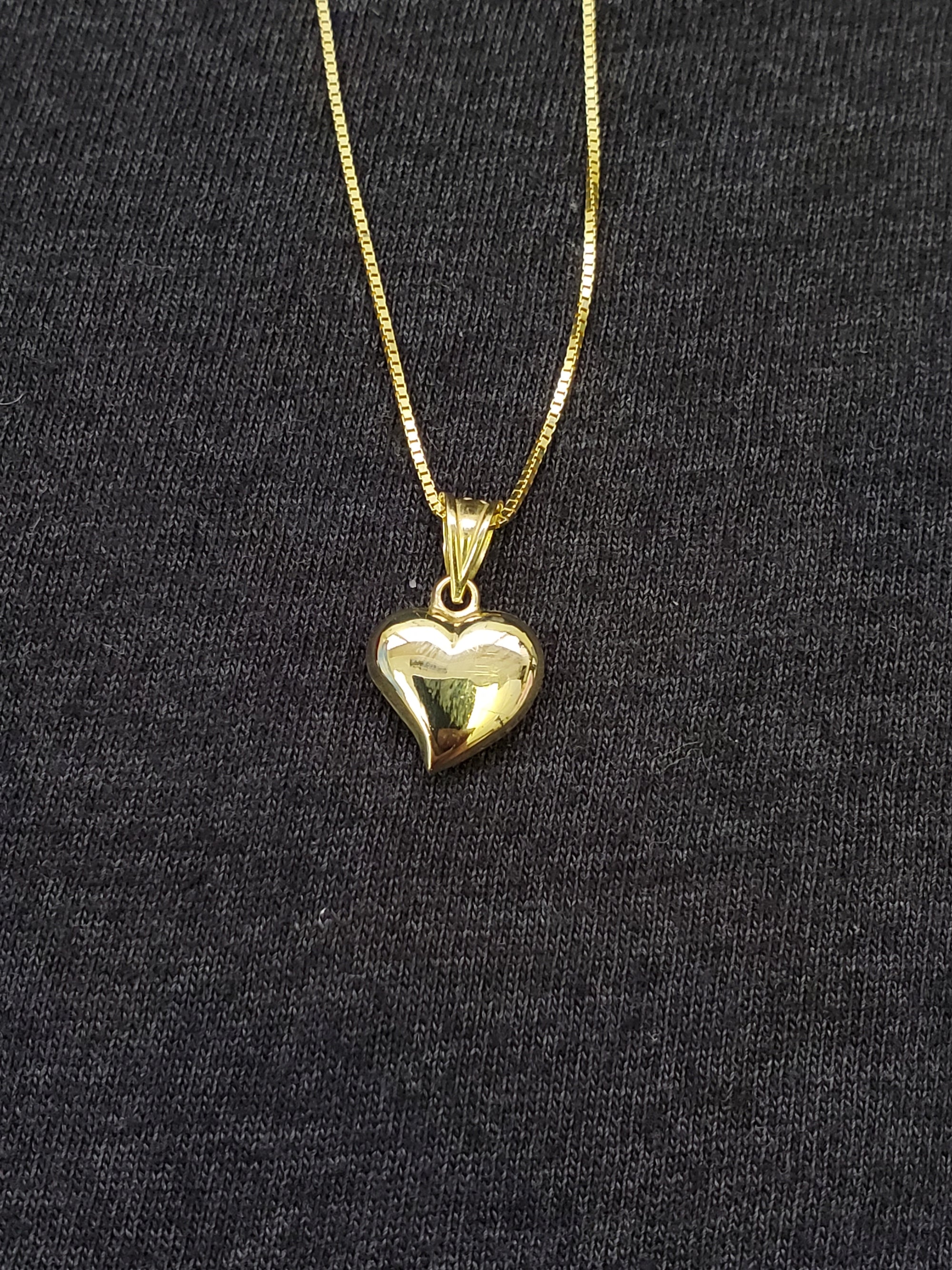 10K Solid Real Yellow Gold Heart Pendant Charm with Box Chain